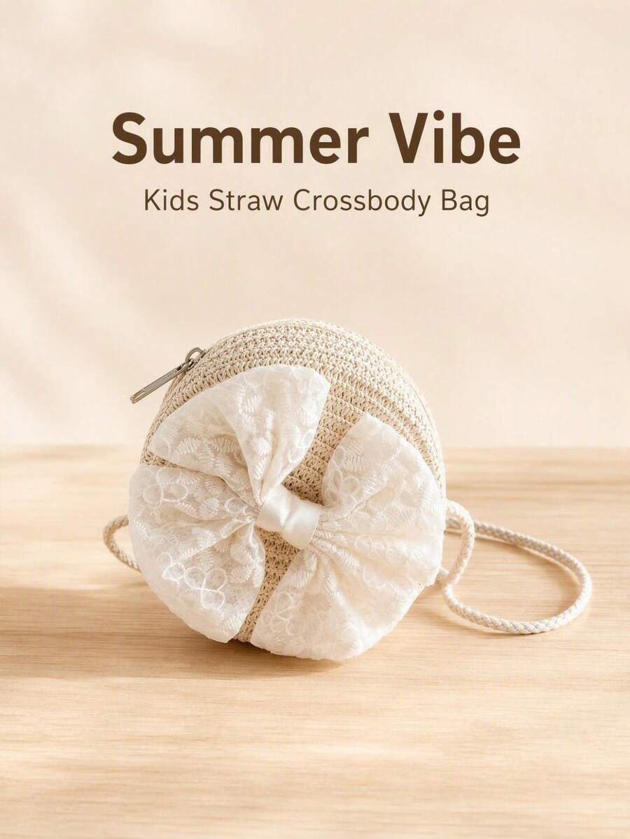 1pc Girls' Lace Bowknot Straw Crossbody Bag, Kids Coin Purse For Travel & Beach - Beige - View 1