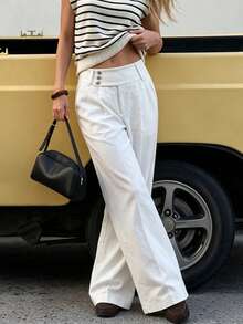 Women's White High-Waisted Wide Leg Pants, Multi-Button Waist Front Pleated Pockets Long Pants, Suitable For Office Casual Daily Wear - White - View 3