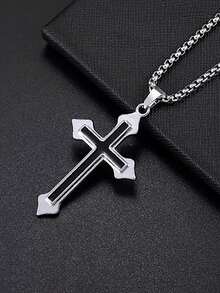 1pc Men's 304 Stainless Steel Black Enamel Cross Pendant Necklace, Gothic Punk Street Style Chain, Religious Style Daily Wear And Party Decoration Body Jewelry - Silver - View 3