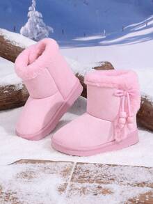 1 Pair Short Warm Snow Boots, Faux Suede + Side Bow Pendant Material, Round Toe Soft Sole Hook And Loop Design, Retro Cute Mid-Calf Outdoor Boots, Suitable For Daily Campus Skiing, Autumn/Winter New Style - Pink - View 6