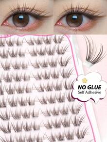 60pcs Black & Brown Self-Adhesive False Eyelash Clusters, Natural Look, DIY Eyelash Extension, Cartoon Style, Easy To Use, Suitable For Beginners, For Home, Travel, Party, Glue-Free False Eyelashes - C - View 8
