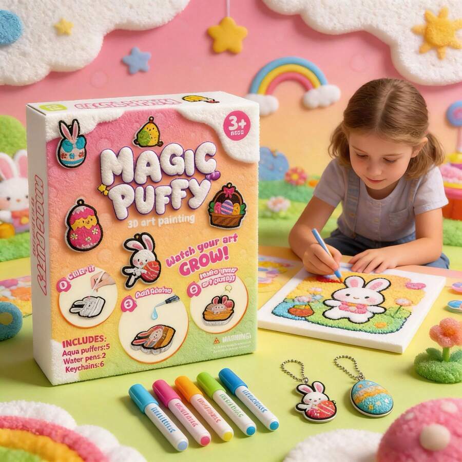 Magic Puffy Paint 3D Art,Cute Bunny Theme,Ages 4-10 Mess-Free Paint By Number Craft For Kids,DIY Color & Inflate Activity, Creative Holiday Gifts Suitable For Boys And Girls