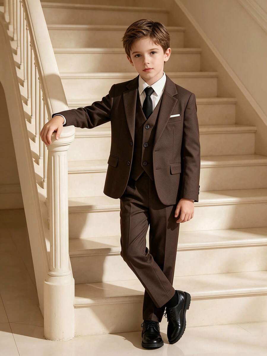 4pcs Boys Suit Set Including Blazer, Vest, Pants, Tie Suitable For Elegant Birthday Party, Wedding, Anniversary, Baptism And Other Occasions