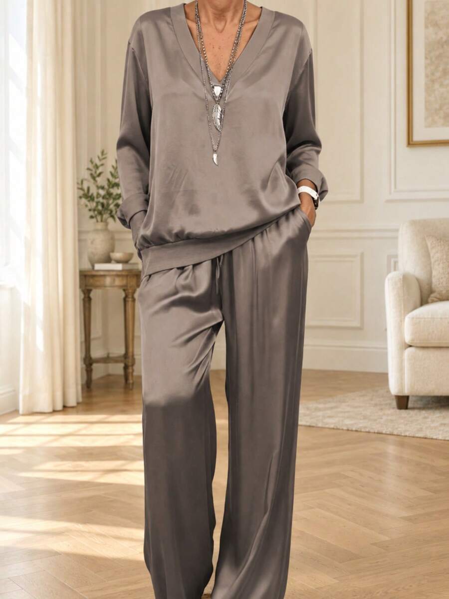 Women's Elegant Satin 2 Pieces Set, V-Neck Long Sleeve Loose Top And Drawstring Wide Leg Pants, Autumn Casual Commute Travel Outfit