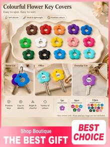 3/6/12pcs Colorful Flower Silicone Elastic Key Covers, Flower-Shaped Key Caps, Easy To Identify, Random Color, Suitable For Sisters And Friends, Valentine's Day/Mother's Day/Birthday Gift - Flower-shaped - View 2