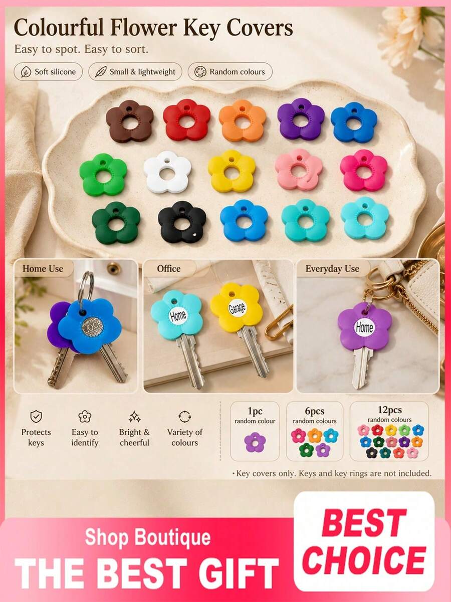 3/6/12pcs Colorful Flower Silicone Elastic Key Covers, Flower-Shaped Key Caps, Easy To Identify, Random Color, Suitable For Sisters And Friends, Valentine's Day/Mother's Day/Birthday Gift