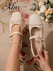 Women's Soft Sweet Bow Square Toe Low Vamp Strap Flat Ballet Shoes - Beige - View 1