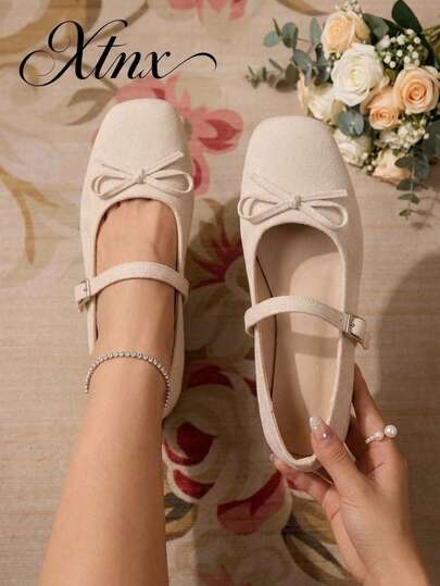 Women's Soft Sweet Bow Square Toe Low Vamp Strap Flat Ballet Shoes