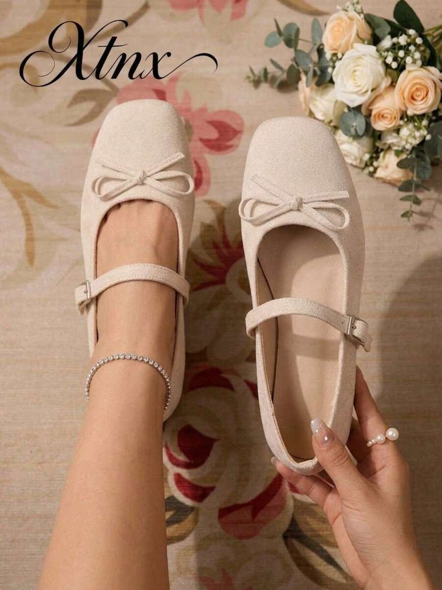 Women's Soft Sweet Bow Square Toe Low Vamp Strap Flat Ballet Shoes - Beige - View 1