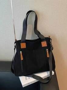 Durable Canvas Men's Tote Bag, Large Capacity Multi-Pocket Handbag, Casual Commute Crossbody Shoulder Bag, Multifunctional Travel Bag - Black - View 7