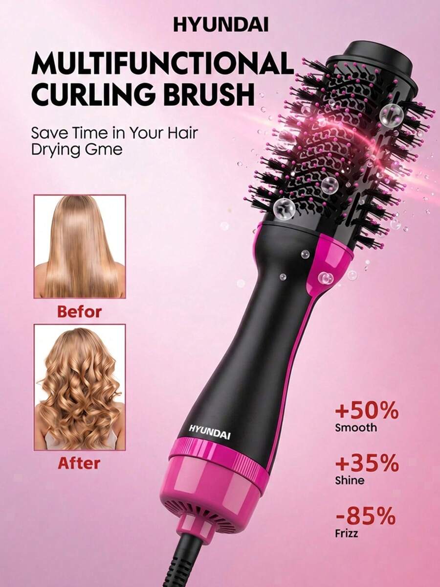 HYUNDAI Multifunctional Hot Air Brush With Adjustable Settings, Long-Lasting Styling, Negative Ion Technology To Reduce Frizz, For Hair, Wet/Dry Use, Electric Hair Straightener And Curler - Hot Pink - View 1