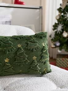 1pc Christmas Green Artificial Fur Christmas Tree Embroidered Pillow Case, Suitable For Indoor Decoration, Christmas Decoration, All Season Pillow Case, Without Insert - Green - View 8