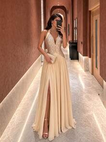 UNITHORSE Halter Tie-Up Backless Sequin Patchwork Chiffon Evening Dress - Apricot - View 2
