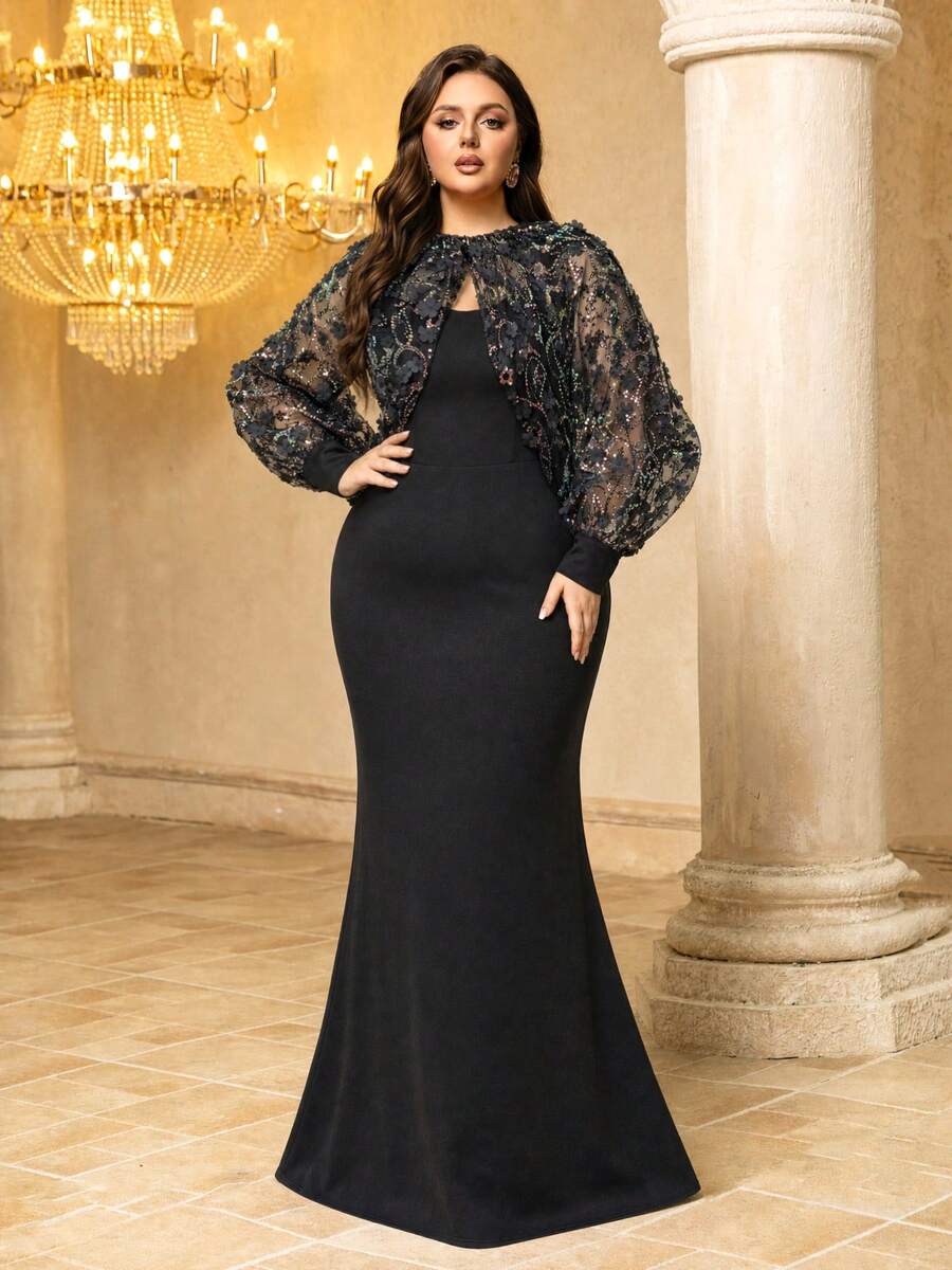 UNITHORSE[Random Cut]Stand Collar Lantern Sleeve Knit Evening Dress - Black - View 1