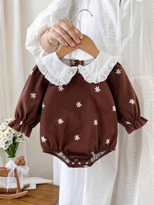 1pc Baby Girl Sweet Floral Print Ruffle Peter Pan Collar Long Sleeve Ribbed Bodysuit, Suitable For Spring Daily Casual Wear - Brown - View 2
