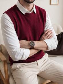 Men's Crew Neck Solid Colored Knit Sweater Vest, Autumn/Winter - Burgundy - View 2