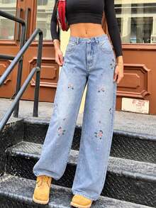 Women Light Blue Wide Leg Jeans Floral Embroidery High Waisted Straight Loose Fit Denim Pants Casual Everyday Streetwear Fall Clothes For Women - Light Blue - View 2