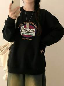 Vintage Street Style Multi-Segment Handwritten English Circular Logo Print Black Crew Neck Sweatshirt For Women, Loose Fit Slimming Casual Autumn Spring Sweatshirt - Black - View 6
