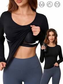 1pc Autumn/Winter Round Neck Long Sleeve Base Layer Top, 2-In-1 Built-In Padded Solid Color Slimming Outerwear Sports Top - Black - View 1