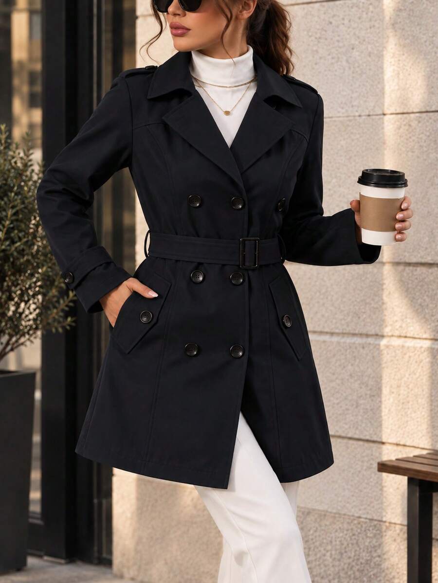 AODSR Women's Black Double-Breasted Trench Coat With Adjustable Belt, Lapel Collar And Pockets For Work And City Wear. - Black - View 1