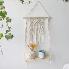 1pc Bohemian Style Macrame Wall Hanging With Wooden Board And Tassels, Handmade Woven Minimalist Shelf Wall Decor - Without Plants And Accessories - Beige - View 4