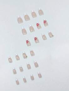 24 件杏仁形简约花卉绿色点缀 3D 法式风格人造指甲片，甜美优雅的设计适合办公室女士、日常场合、会议、约会按压指甲美甲用品指甲 - 彩色 - 查看 2