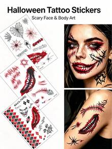 Halloween Scary Temporary Tattoo Stickers, Bloody Scar Spider Web Joker Face Tattoos For Cosplay Party - Red - View 2