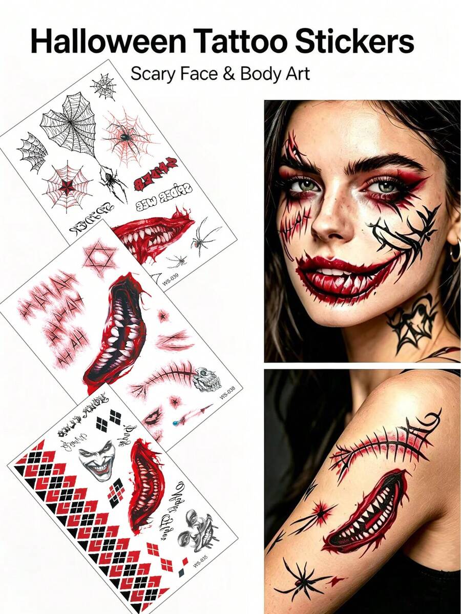 Halloween Scary Temporary Tattoo Stickers, Bloody Scar Spider Web Joker Face Tattoos For Cosplay Party