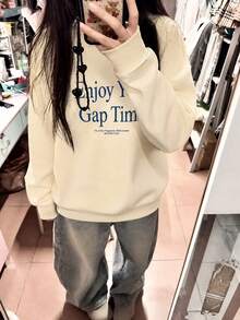 Cream Yellow Women's Korean INS Style Letter Print Pattern Round Neck Loose Casual Versatile Lazy Sweatshirt Pullover Top Autumn/Winter Campus Daily OOTD - Apricot - View 4