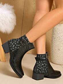 Women's Ankle Boots, New Autumn/Winter Fashion Comfortable Leopard Print Patchwork Rhinestone Decor Chunky Heel Back Zipper Design Suitable For Commuting, Outdoor, Gatherings And Parties - Black - View 3