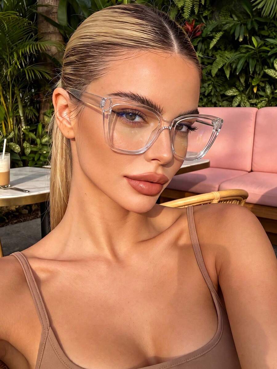 1 Pair Women's Cat Eye Transparent Minimalist Clear Lens Glasses, Commute, Back To School Essential, Daily Eye Protection, Prevent Eye Fatigue, Office, Watching TV, Gaming - Transparent Flat - View 1