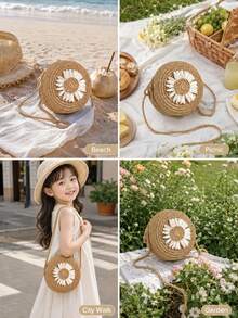 1pc Girls Sunflower Straw Crossbody Bag & Coin Purse - Khaki - View 6