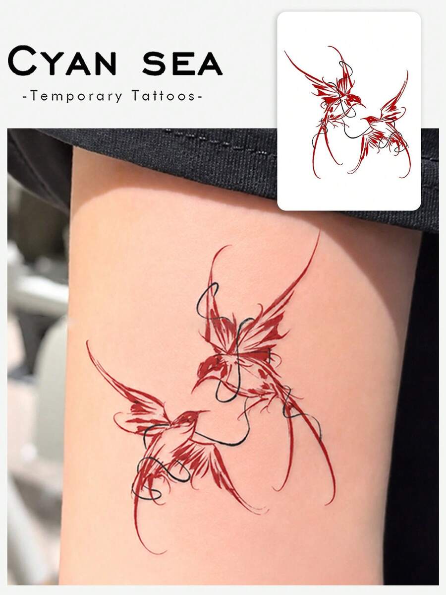 1pc Temporary Tattoo Sticker, Red Double Swallows Line Art Pattern, Realistic Tattoo Design, Suitable For Daily Wear, Bachelorette Party Favors, Music Festivals, Games, Graduation Gifts, Lasts 3-5 Days - Red - View 1