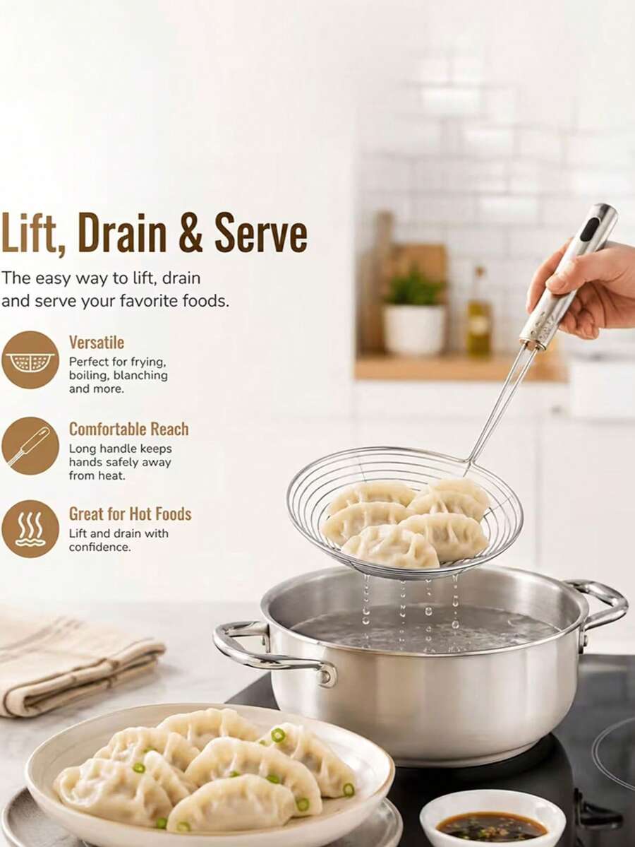 1pc Stainless Steel Spider Web Shaped Strainer Spoon, Professional Kitchen Pasta Strainer Spoon With Long Handle - Deep Fryer Strainer - Asian Filter Spoon, For Cooking And Frying, Restaurant, Home - Kitchen Tool - Multicolor - View 1