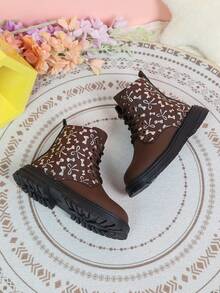 Sepatu Bot Pendek Anak Perempuan Terbaru Musim Gugur/Dingin, Motif Pita Perak di Seluruh Permukaan, Desain Blok Warna, Resleting Samping + Tali, Sol Tebal Anti Selip - Coklat - View 7