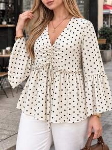 Blus Leher V Motif Polkadot, Atasan Lengan Panjang dengan Detail Kerut dan Ikatan di Depan, Pakaian Musim Gugur untuk Wanita - MultiWarna - View 1