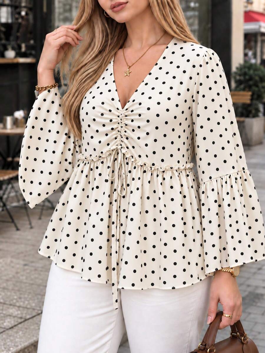 Blus Leher V Motif Polkadot, Atasan Lengan Panjang dengan Detail Kerut dan Ikatan di Depan, Pakaian Musim Gugur untuk Wanita - MultiWarna - View 1