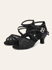 Sepatu Dansa Latin Wanita dengan Gesper Ganda dan Tali Pergelangan Kaki Ganda serta Bagian Atas Jala - Hitam - View 4