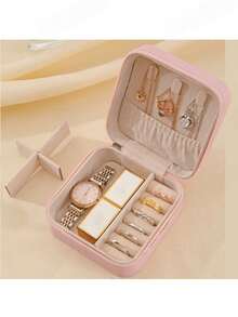 1 Pink Minimalist PU Leather Portable Jewelry Box, Suitable For Women To Store Rings, Necklaces, And Jewelry, Perfect For Travel. Multi Layer Large Capacity Earrings, Studs, Rings, Earrings, Rings, Necklaces, Christmas Gifts For Girls - A - View 2