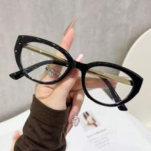 Cat Eye Clear Lens Eyeglasses For Women, Retro Full Rim Frame With Gold Temple Decor, Non-Prescription Fashion Eyewear For Daily Office - Multicolor - View 2
