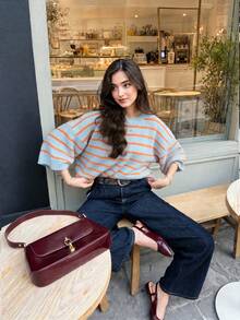 Women's New Autumn Contrast Color Striped Knit Top, Casual Daily Commute College Style - Warm Orange & Light Blue - View 2