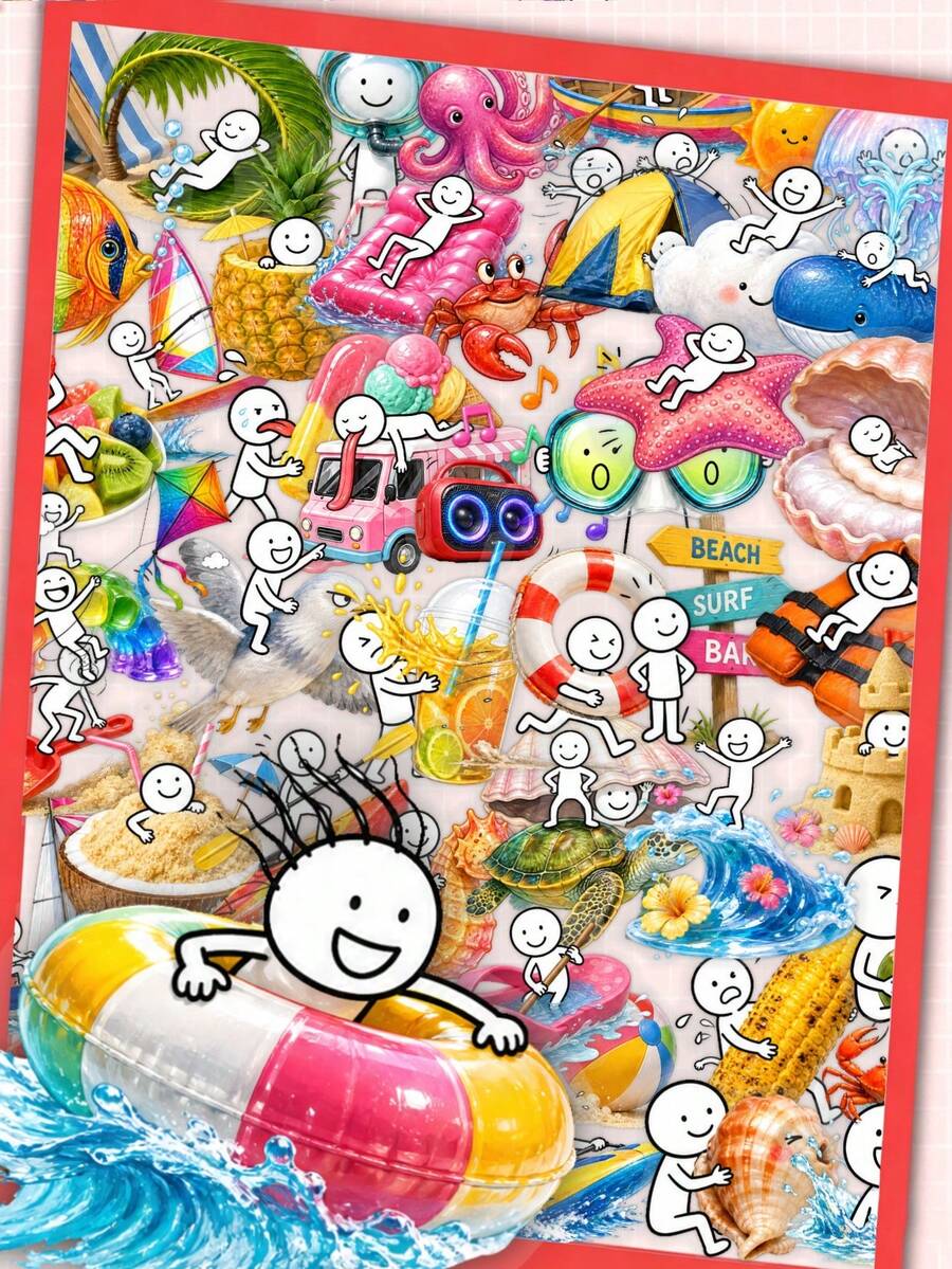 50Pcs Summer Beach Stick‑Figure Sticker Pack, Fun Holiday Ocean Vacation PET Decals, Cute Cartoon Seaside Travel Stickers For Teens Journaling, Scrapbooking, Water Bottle & Laptop DIY Craft Decor - Multicolor - View 1