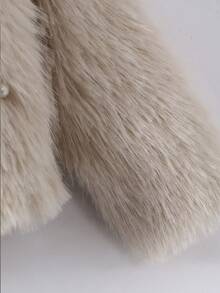 Girls Solid Color Pearl Decor Faux Fur Plush Cardigan Jacket, Autumn/Winter Young Girl Round Neck Thickened Fuzzy Top - Beige - View 6