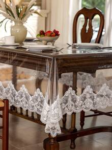 1pc Transparent PVC Lace Embroidered Trim Tablecloth, Table Mat, Stain-Resistant, Anti-Dirt, Dining Table Side Cabinet Decorative Tablecloth - White - View 9