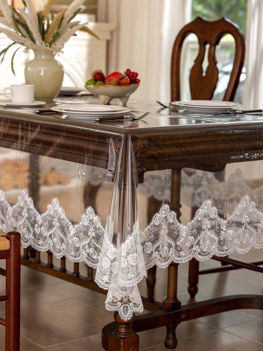 1pc Transparent PVC Lace Embroidered Trim Tablecloth, Table Mat, Stain-Resistant, Anti-Dirt, Dining Table Side Cabinet Decorative Tablecloth - White - View 1