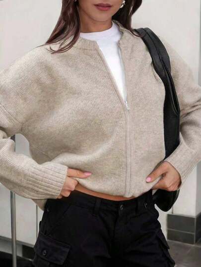 Plus Size Spring/Autumn New Solid Color Round Neck Zip-Up Knit Cardigan For Women, Loose Slouchy Korean Style Elegant Casual Top, Summer Top Fall