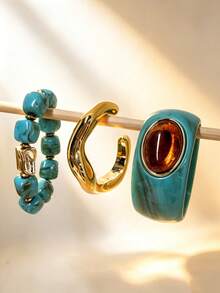 3/1pc Fashion Old Money Style Exaggerated Geometric Asymmetrical Beaded Bracelet Set For Women, Sisters, Vacation, Date, Gift, Daily Casual, Party, Wedding, Matching, Mom, Friend (Color Difference May Occur) - Turquoise - View 5