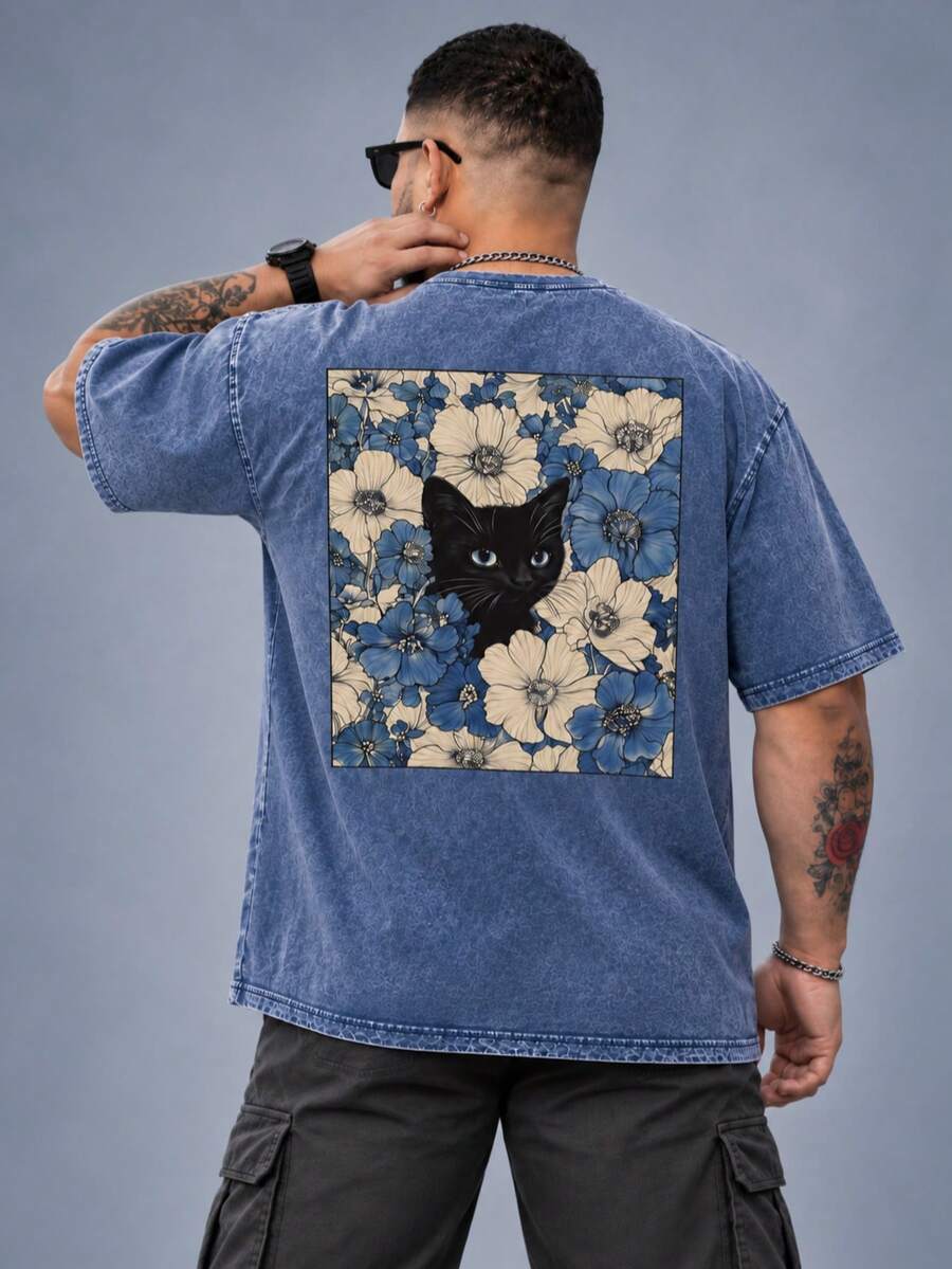 Men's Plus Size Vintage Washed Black Cat & Floral Print T-Shirt - Blue - View 1