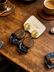 2pcs European & American Old Money Square Resin Foldable Artistic Design Pendant Earrings For Women & Girls, Daily Casual Party Jewelry Gift - Square Style - View 8