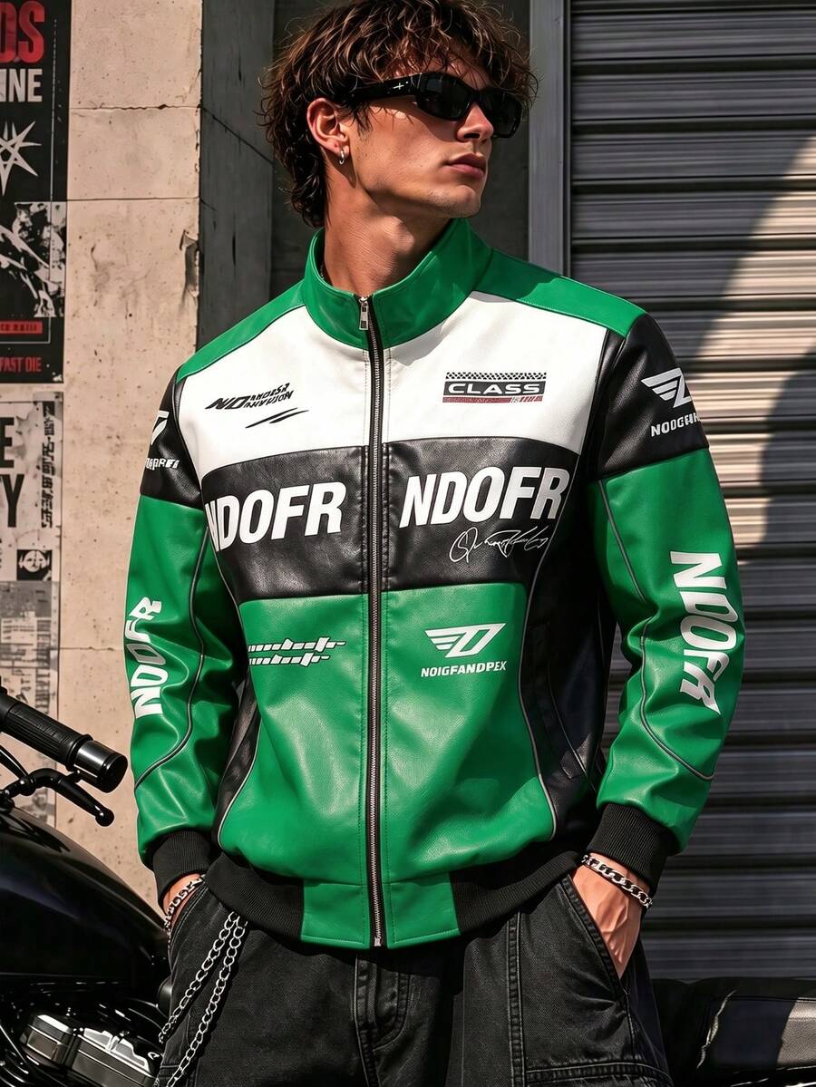 Men's Colorblock Racing Leather Jacket With Stand Collar, Zipper, Letter Print, Hip-Hop Street Style Motorcycle Riding Jacket, Suitable For Spring And Autumn - Army Green - View 1